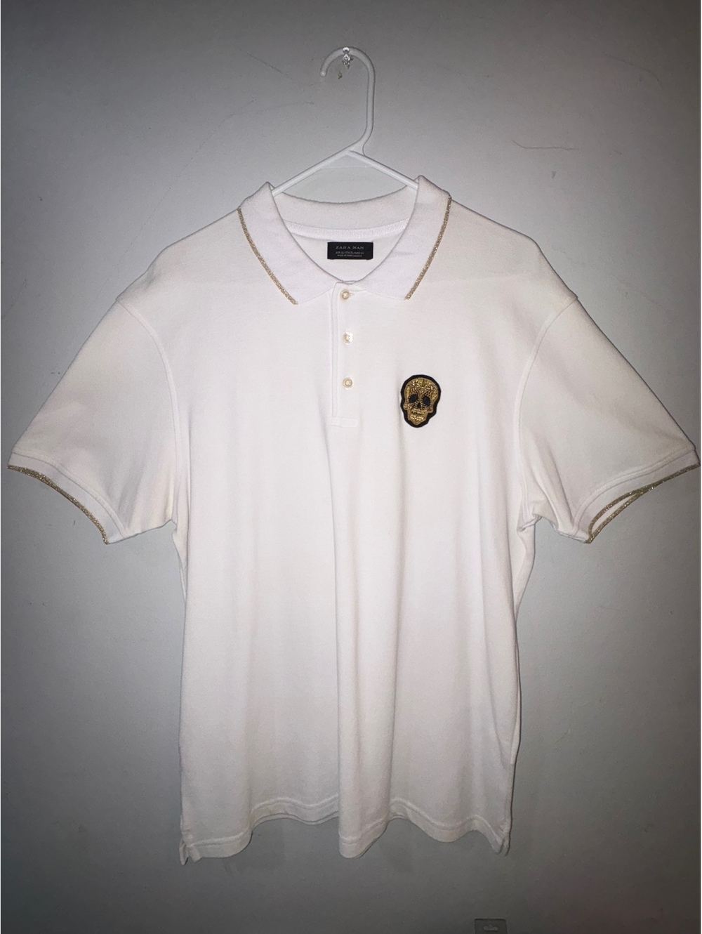 Zara Man White Polo Shirt with Skull Patch Size XL